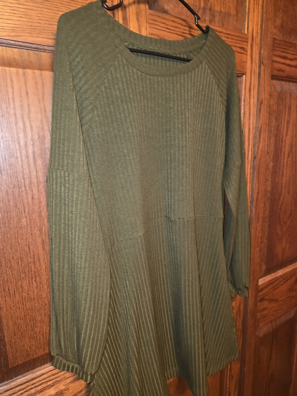 Ribbed Olive Green Long-Sleeve Swing Dress